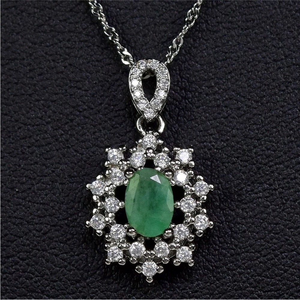 Natural Emerald w/ Zircon Halo Pendant Necklace and Stud Earrings Set - Picture 2 of 11